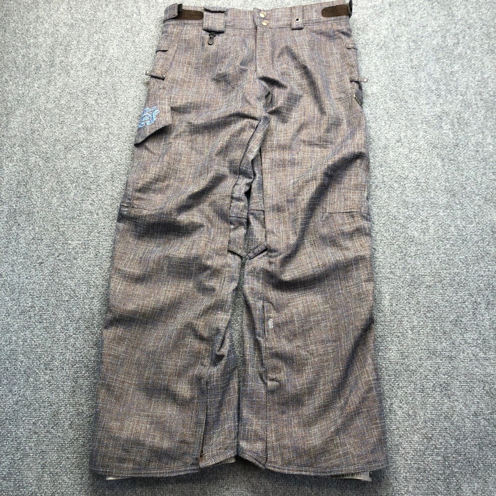y2k Smarty Snow Pants Womens Medium Brown Blue Herringbone Tweed Cargo Ski Snow